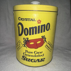 Vintage Crystal Domino Pure Cane Granulated Sugar Yellow Metal Tin Canister 8”